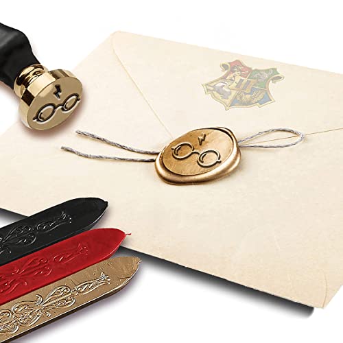 Harry Potter Glasses Wax Seal Stamp Kit with Brown Wood Handle and Red Gold and Black Sealing Wax