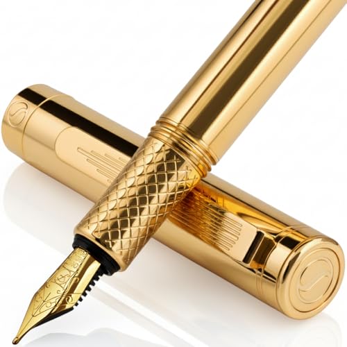 Scriveiner Gold Luxury Fountain Pen (Fine) - Award Winning - Heavy Pocket Stunning Luxury Pen, Real Gold Plating, German Nib & Converter, Nice Gift Pens for Men & Women