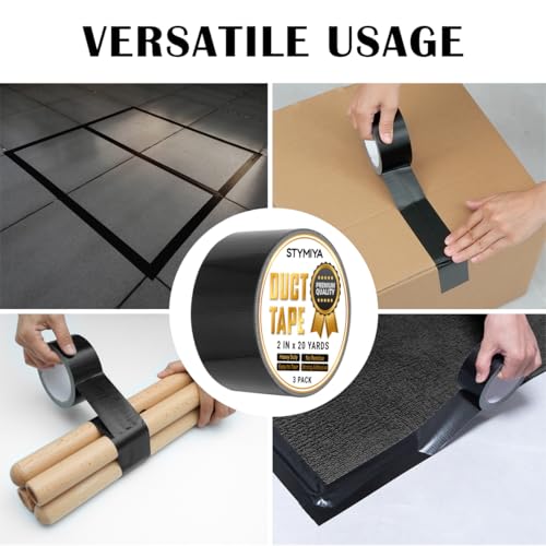 Stymiya 12 Pack Black Duct Tape Bulk: Heavy Duty Wide Waterproof Outdoor Furniture Repair Tape- Strong Adhesive Weather UV Resistant No-Residue Masking Tapes Patterns Variety Pack