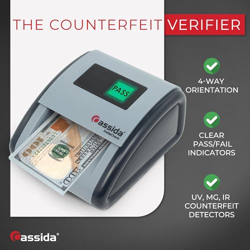 Cassida InstaCheck Small Footprint, Easy to Read Automatic Counterfeit Detector with Infrared, Magnetic and Ultraviolet Sensors, Compact and Lightweight Grey 11-3/4" x 9-1/2 (Pass/Fail)