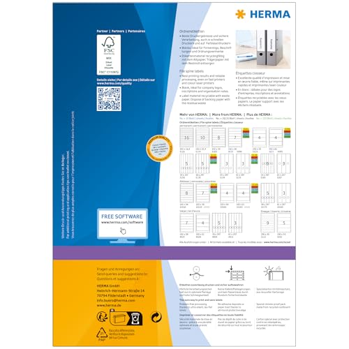HERMA Self Adhesive Spine Labels, 4 Labels per A4 Sheet, 100 Sheets, 192 x 59 mm, 400 Labels, Blank Lever Arch File Folder Labels Stickers, Sticky Labels for Laser & Inkjet Printer, White