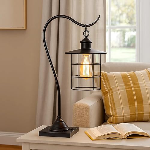 Benjara 25" Metal Downbridge Design Desk Lamp with Caged Shade- Dark Bronze