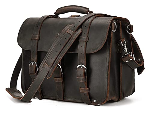 TaoshuNLy Crazy Horse Leather Messenger Shoulder Bag 13inch Laptop Briefcase Computer Handbag Bussiness Crossbody Bag(Dark Brown)