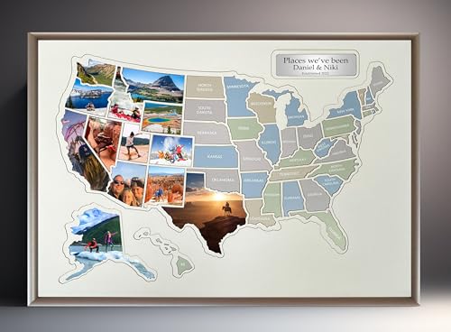 Personalized USA Photo Map with Wooden Frame - Create a One-of-a-Kind Travel Collage - US travel poster with photos - 50 States Map with Free Photo Maker