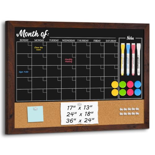 4 THOUGHT Chalkboard Calendar Corkboard Combo 36" x 24", Rustic Brown
