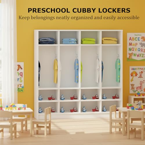 LHIUGE 3-Section Classroom Coat Locker,Kids Cubby Storage Organizer with 9 Cubbies,Wooden Lockers with 6 Hooks,Classroom Cubbies for Home, Office, School, Kindergarten