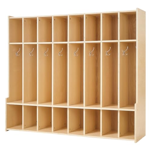 VEVOR 8-Section Coat Locker with Bench, Kids Lockers with 16 Hooks & Non-Slip Mat, Classroom Cubbies for Daycare, Home, Kindergarten- Natural