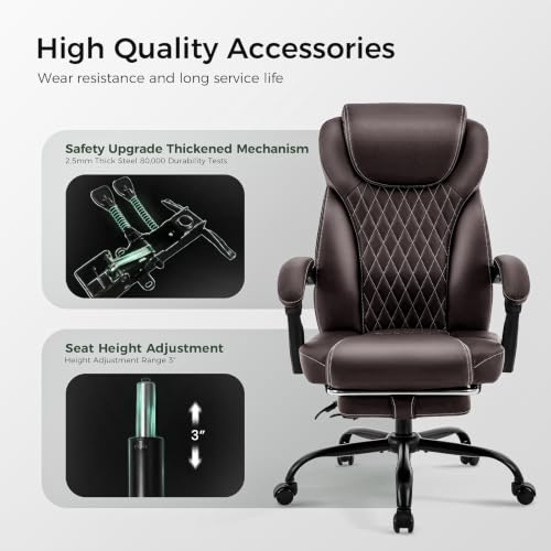 amseatec Big and Tall Office Chair with Footrest, Lumbar Support, Brown