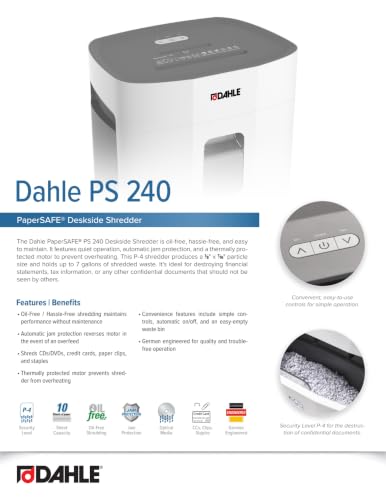 Dahle PaperSAFE PS 240 Paper Shredder, Oil Free, Jam Protection, Security Level P-4, 10 Sheet Max, Shreds CDs, Staples, Paper Clips & Credit Cards