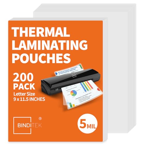 Binditek 200 Pack 5 Mil Thermal Laminating Pouches, 9x11.5 Inches Laminating Sheets, for Letter Size, Ultra Clear, Glossy, Hold 8.5x11 Inches, Heat Seal, School Office Supplies