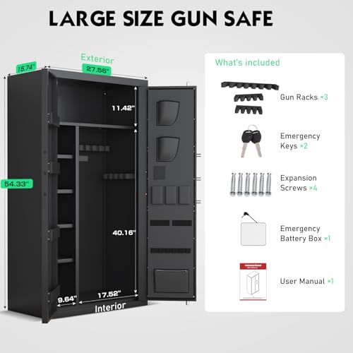 Luzfuego 30-40 Large Rifle Safe, Unassembled Gun Safe for Rifles and Pistols with Door Organizer & Adjustable Shelves, Biometric Gun Cabinet with Touch Keypad & Magnetic Lamp for Home