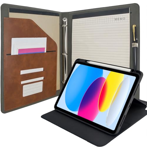 3 Ring Portfolio with iPad Holder, Business Padfolio with Clipboard & Rotating Stand Case for iPad 11th Gen 2025 / 10th Gen 2022 10.9", Tablet Organizer Folder for Women & Men, Coffee