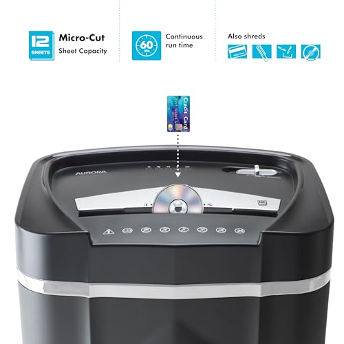 Aurora High-Security 12-Sheet Micro-Cut Paper/CD and Credit Card Shredder with 5 Gallon Pullout Basket / 60 Mins Running Time/Security Level P-4