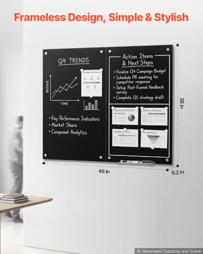 VEVOR Glass Dry Erase Board 48 x 36 in Black Magnetic Whiteboard