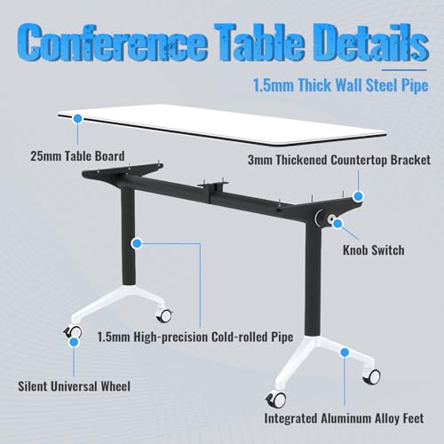 Pubaerkk Folding Conference Table, White Conference Room Tables, Flip Top Mobile Training Table, Folding Meeting Tables with Wheels, Seminar Tables for Offices, School,1pcs,47in*20in