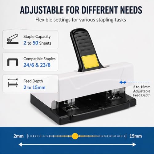 Manual Double Hole Stapler, Heavy-Duty Desktop Stapler with 50 Sheet Capacity, Feeding Depth 2-15mm, Double-Head Stapling for A416K Documents, Home, School, Office