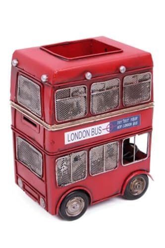 SODEF London Bus Pencil Holder, Decorative Metal Desk Organizer, 8 Inches Retro Style Pen Container, Multicolor Design - Multicolor
