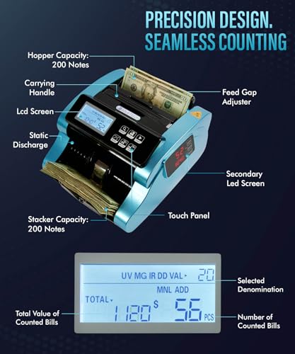 Money Counter Machine 1000 Bills/Min High-Speed Bill Counter with UV/MG/IR/DD Detection, LCD Display, Add/Batch/Value Modes – Ideal for Business, Retail, Office.