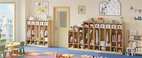 LALFPET 5-Section Wooden Kids Coat Locker with 10 Cubbies & 10 Hooks - Durable Study Area Cubby Storage Organizer for Home, Nursery, Kindergarten - Child-Friendly - Color: Wood Color
