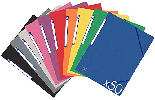 Oxford TopFile+ Pack of 50 Cardboard Folders with 3 Flaps A4 Elasticated Closure 10 Assorted Colours