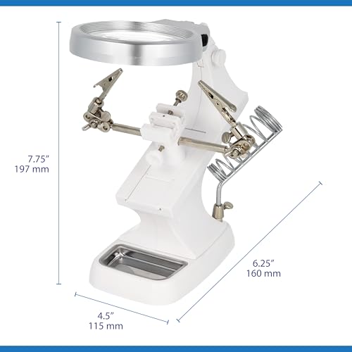 The Beadsmith Third Hand Magnifier – 3.0X Lens w/ 4.5X Inset Lens, 10 LED Lights, Fully Adjustable, Includes Alligator Clips, Tool Holder, & Removable Metal Tray