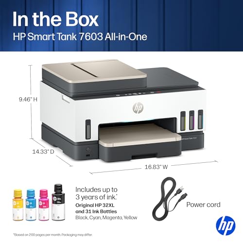 HP Smart Tank 7603 Wireless All-in-One Ink Tank Printer, Scanner, Fax, Copier with up to 3 Years of Ink Included, Best-for-Home Office, Cartridge-Free Refillable, AI-Capable (9B5D1A)