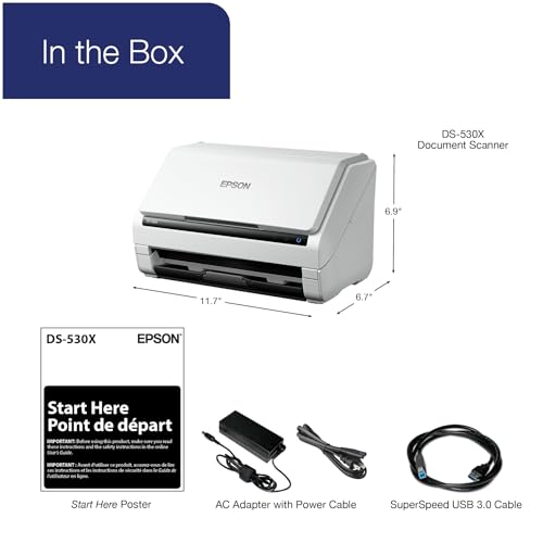 Epson DS-530X Color Duplex Desktop Document Scanner, up to 45 ppm, USB Connectivity, 100-Page Auto Document Feeder (ADF), Twain and ISIS Drivers