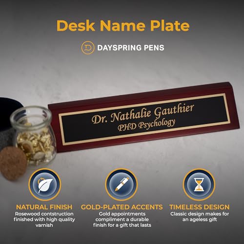 Dayspring Pens Personalized Desk Nameplate in Rosewood Finish, Gold Text