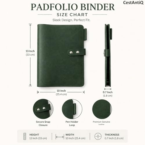 CestAntiQ Leather 3-Ring Binder Portfolio, 8.5x11 in, Green
