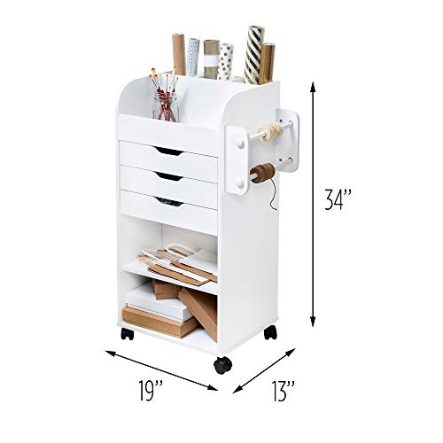 Honey-Can-Do Deluxe Rolling Craft Storage Cart with Locking Wheels | Organizer for 30-inch Wrapping Paper, Ribbon Spools, Tools & Supplies | 3 Drawers & Open Shelves