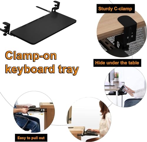 BWPURWDFH Clamp-On Keyboard Tray, Ergonomic Desk Extender Tray, Sturdy, Easy to Set Up, Under Desk Comfort Pull-Out Keyboard Drawer Platform, Improve Work Efficiency (Walnut 52x25cm (21x10in