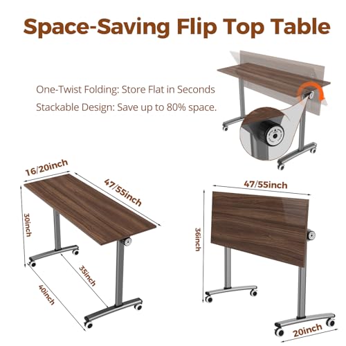 YICOCHI 2 Pack Flip Top Training Table with Lockable Wheels, Mobile Nesting Folding Conference Table, Space Saving Seminar Desk for Classroom, Office, Library (Walnut, 47"×16"×30")