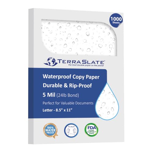 TerraSlate Waterproof, Durable, Rip-Proof Paper, 1,000 Sheets, 5 Mil (24lb Bond), 8.5” x 11”, Laser Printer and Copy Machine Compatible