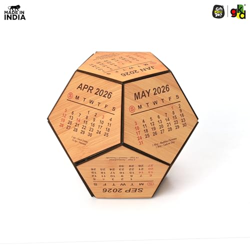 Gift Kya De 2026 Wooden Pentagon Desk Calendar | Premium 3D Big Size Table Calendar | Bamboo Wood Eco-Friendly Office Desk Décor | Unique Corporate Gift | Made in India