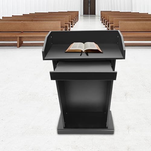 Unnsiapit Wooden Podium Stand, H37.5in Lectern Stand Laptop Holder with Drawer & Storage Shelf for Office Presentation Conference Wedding, L27.5*W11.8in Tabletop, Black