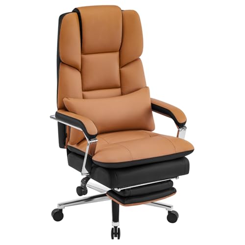 Furniliving Big and Tall Office Chair 500lbs,High Back Executive Leather Office Chair with Footrest,Wide Seat Reclining Desk Chair with Lumbar Support, Armrest, Brown