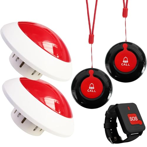 CYSSJF Medical Alert System for Elderly, Wireless Caregiver Pager with 2 Strobe Light Receivers & 3 Waterproof SOS Buttons (2 Lanyard & 1 Wrist Watch), No Monthly Fee for Seniors Home Care