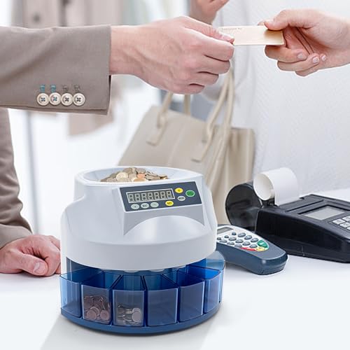 REHOUPTU 8 Slots Electronic Coin Sorter, 110V 45W Multi-functionality Electronic Coin Counter, Coin Counter, Accommodate 300-500 Units, Use for Businesses, Shops, Homes (Grey+Blue)