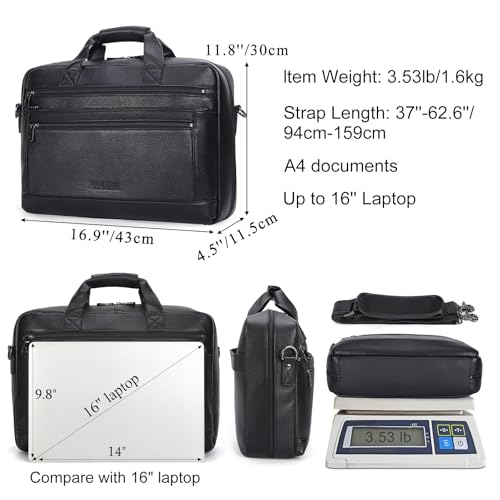 Masa Kawa Black Leather 16 Inch Laptop Briefcase Bag for Men