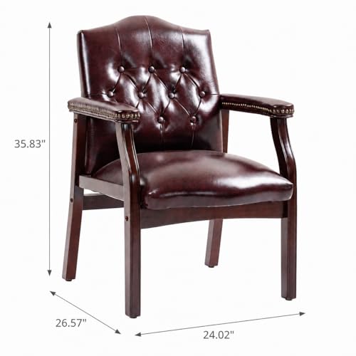 Elyveont Burgundy Leather Office Reception Chair No Wheels with Arms, Guest Waiting Room Chairs with Padded Seat, Executive Side Lobby Chair for Conference, Church, Pastors