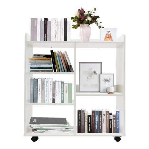 Book Shelf 5 Cube Short Bookshelf Bookcase, File Cabinet Filing Storage Cabinets, Low Shelf Cubbies Book Case with 360° Wheels and Dividers, Cube Organizer Shelf for Home Office (Warm White)