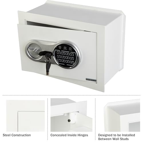 Wall Safe - Digital Safety Box with Passcode for Quick Access and Backup Key - Personal Safe for Cash or Jewelry - Wall Safes by Paragon (White)