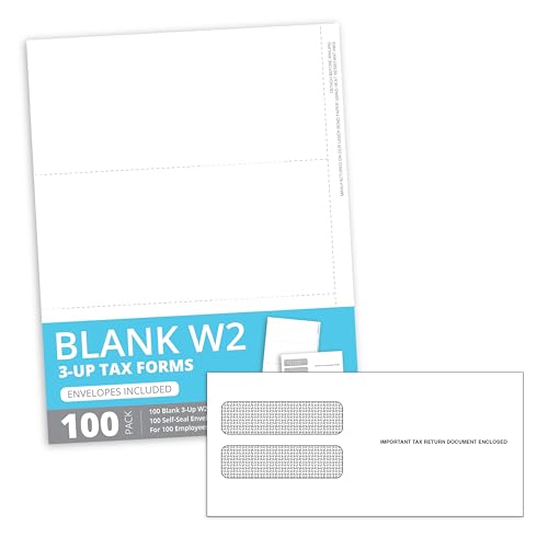 Blue Summit Supplies Blank W2 2026 Tax Forms, 3-Up, 100 Sets, Envelopes