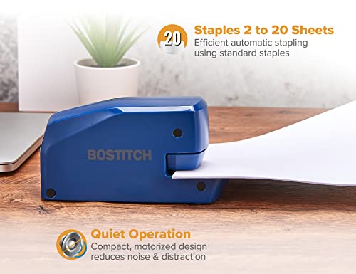 Bostitch Office Portable Electric Stapler, 20 Sheets, AC or Battery Powered, Includes 1250 Staples, Blue