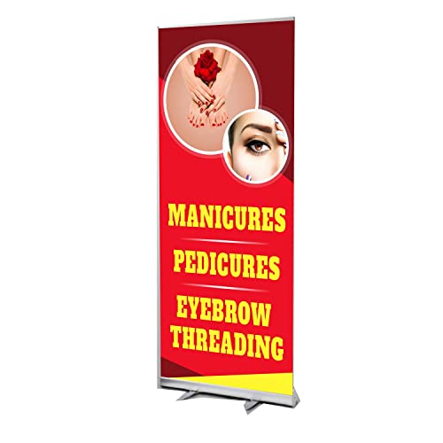 Manicures Pedicures Eyebrow Threading Retractable Banner with Aluminum Stand, 3’w x 6.5’h, Full Color
