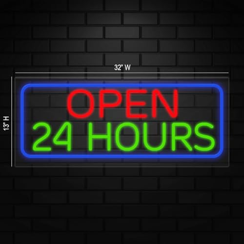 Open 24 Hours Neon Sign for Retail Displays | Value priced LED Flex Neon | Electronic Light Up LED Sign for Windows/Walls | 32"W x 13"H x 1"D