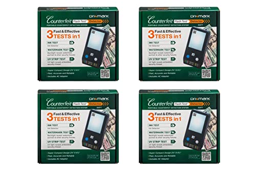Dri Mark Flash Test Counterfeit Bill Detector, 3 Easy Tests in One Small Device, Watermark, Ink, Security Strip, Fast Money Checker, Fake Currency Detection Machine, Maintenance Free - 4 Pack
