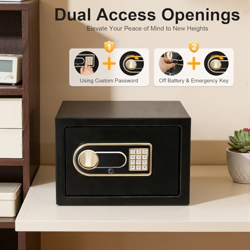 Safe Box for Home, Small Steel Security Safe with Digital Keypad Lock, Money Cash Jewelry Storage Safe for Office Hotel Dorm Room, Wall Mount Design, Emergency Key Backup, Black, 13.78 x 9.84 x 9.84 I