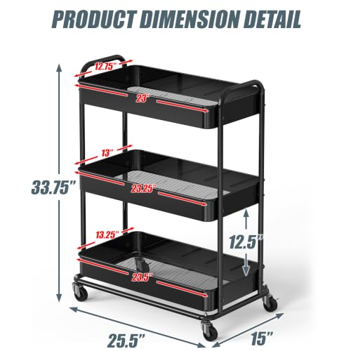 Simple Houseware 26" Extra-Wide 3-Tier Heavy Duty Metal Utility Cart, Black