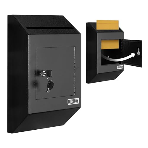 Durabox Drop Box Deposit Safe 10 x 4 x 16” Heavy Duty Steel with Slim Profile Wall Mailbox with Wide Deposit Slot for Letters, Documents Checks and Cash for Home, Office & Commercial (W300) (Black)
